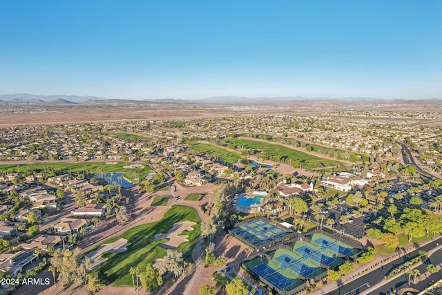 drone / aerial view featuring a mountain view