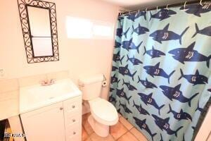 bathroom with toilet, a shower with curtain, and vanity