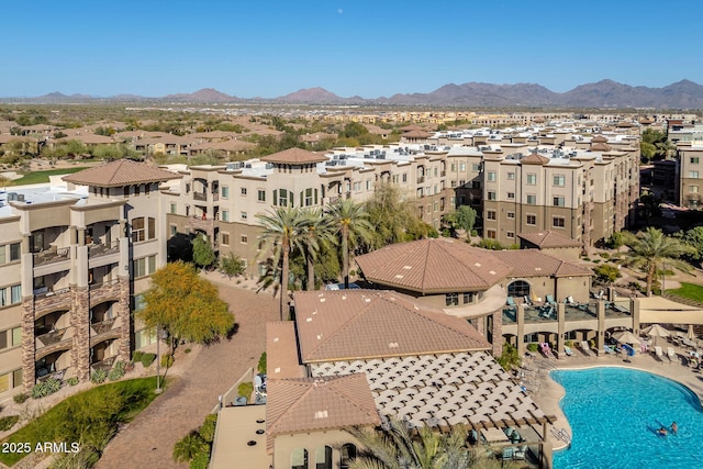 aerial view with a mountain view and a residential view