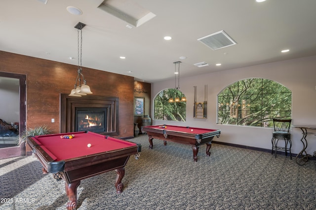 recreation room with billiards, carpet, visible vents, recessed lighting, and a warm lit fireplace