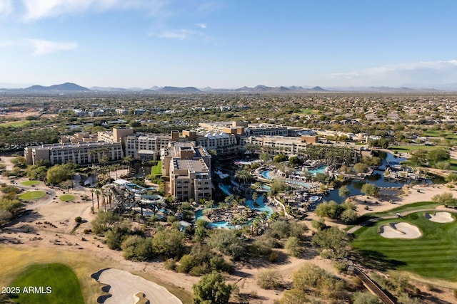 birds eye view of property featuring a water and mountain view and golf course view