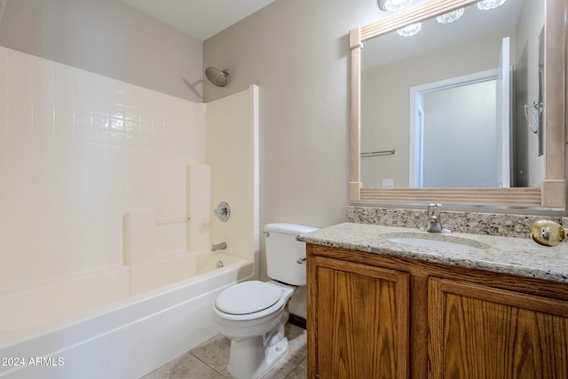 full bathroom with toilet, shower / tub combination, vanity, and tile patterned floors