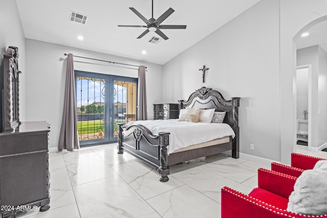 bedroom with ceiling fan, lofted ceiling, french doors, and access to outside