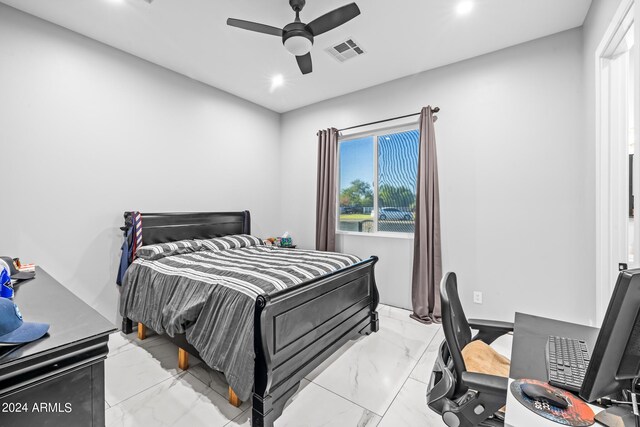 17617 W Rose Ln, Waddell, AZ 85355 - bedroom with recessed lighting, marble finish floor, visible vents, and a ceiling fan