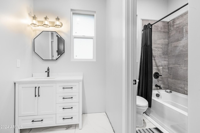 17617 W Rose Ln, Waddell, AZ 85355 - bathroom with shower / bath combo, vanity, toilet, marble finish floor, and baseboards