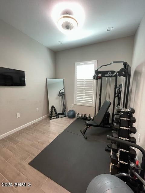 exercise room featuring light wood-type flooring