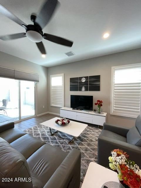 living room featuring ceiling fan, plenty of natural light, and hardwood / wood-style floors