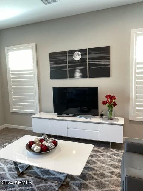 living room with a wealth of natural light and dark hardwood / wood-style flooring