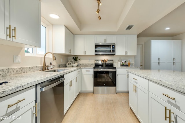 kitchen with visible vents, a sink, a tray ceiling, white cabinetry, and stainless steel appliances