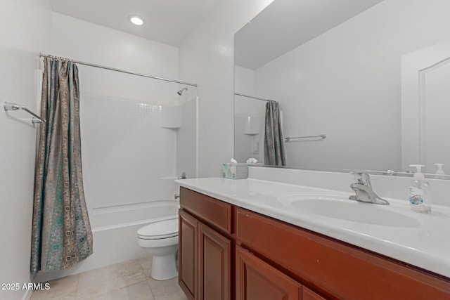 full bathroom featuring toilet, tile patterned floors, vanity, and shower / bathtub combination with curtain