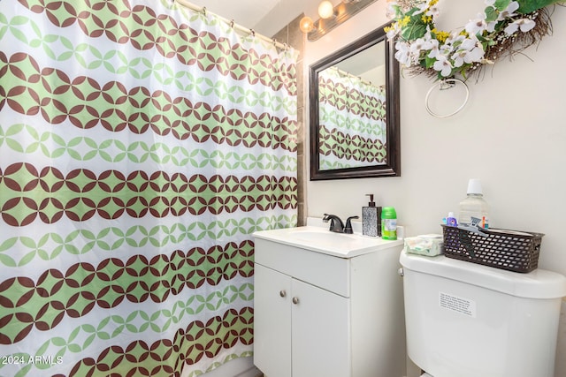 bathroom featuring toilet, vanity, and curtained shower