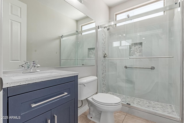 full bath with vanity, tile patterned flooring, a stall shower, and toilet
