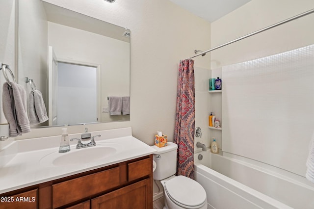 full bathroom featuring toilet, shower / tub combo with curtain, and vanity