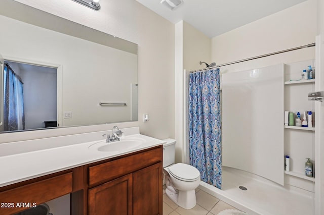 bathroom with visible vents, a shower with shower curtain, toilet, vanity, and tile patterned flooring