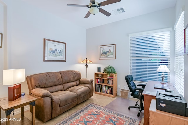 home office featuring ceiling fan and visible vents