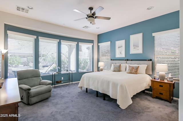 bedroom with visible vents, dark colored carpet, a ceiling fan, and recessed lighting