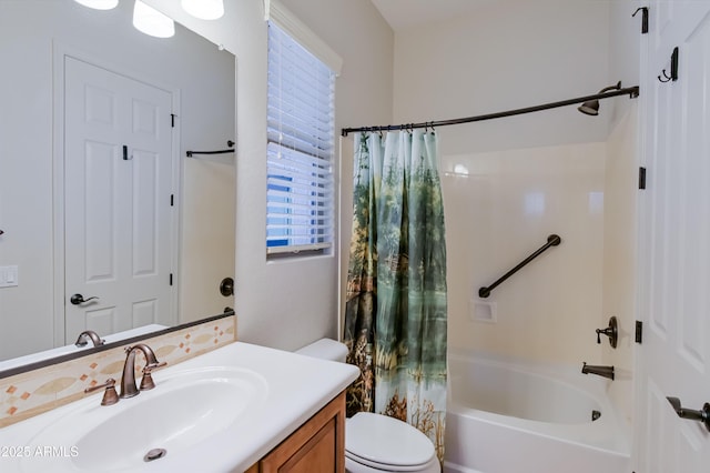 bathroom with toilet, shower / bath combo with shower curtain, and vanity