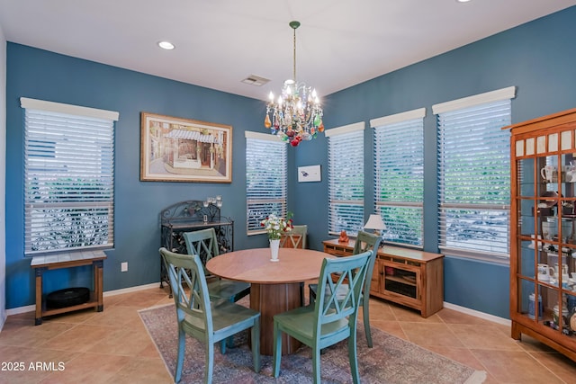 dining area featuring light tile patterned floors, recessed lighting, visible vents, a chandelier, and baseboards