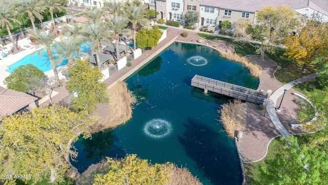 bird's eye view with a water view