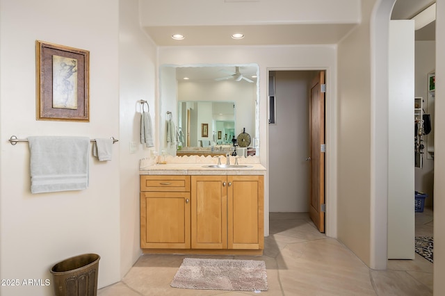 bathroom with vanity, tile patterned floors, and ceiling fan