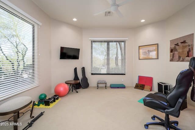 office space featuring plenty of natural light, carpet, and ceiling fan