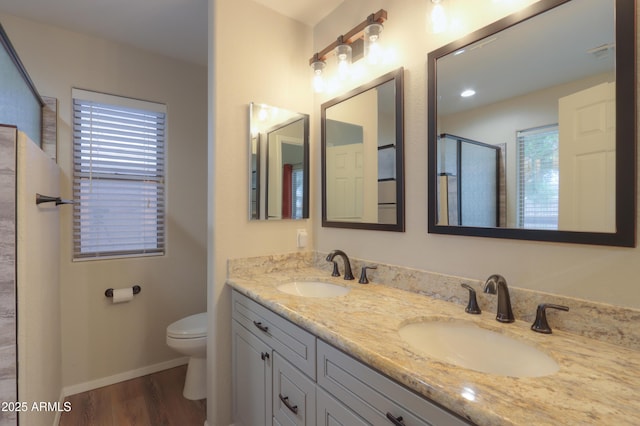 1563 E Peregrine Trl, Casa Grande, AZ 85122 - full bathroom with toilet, double vanity, an enclosed shower, wood finished floors, and baseboards