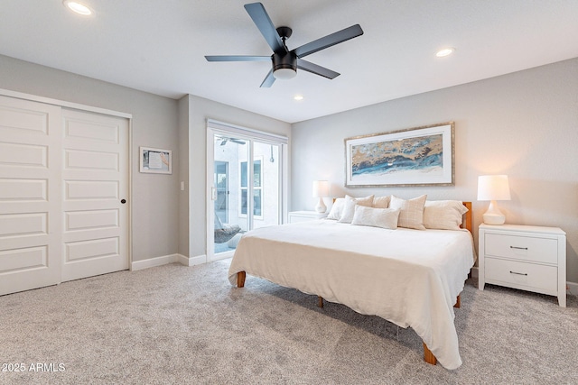 bedroom featuring access to outside, recessed lighting, baseboards, and carpet floors