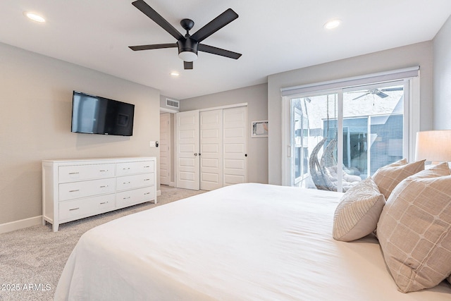 bedroom featuring recessed lighting, baseboards, light colored carpet, and access to exterior