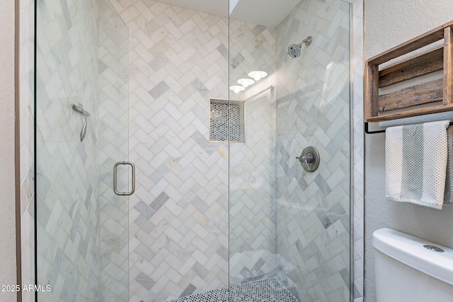 bathroom with a shower stall and toilet