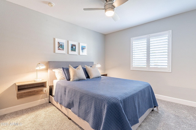 bedroom with carpet flooring, ceiling fan, and baseboards