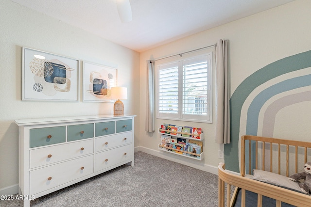 bedroom featuring carpet flooring, baseboards, and ceiling fan