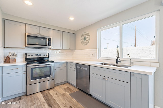 kitchen featuring a sink, tasteful backsplash, appliances with stainless steel finishes, and gray cabinets