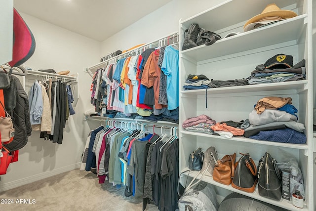 walk in closet with light carpet