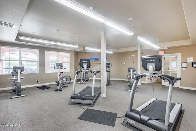 workout area featuring a raised ceiling