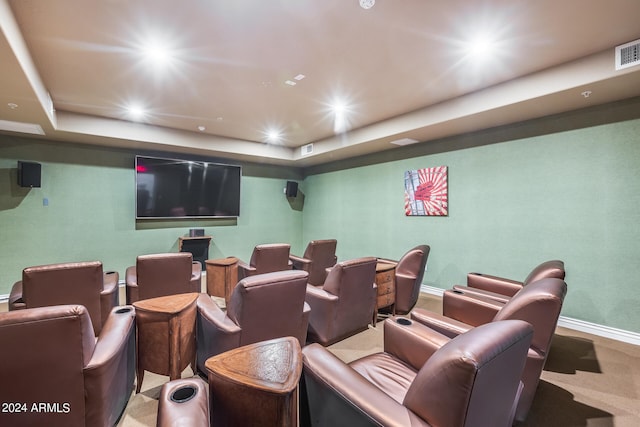 carpeted home theater room featuring a tray ceiling