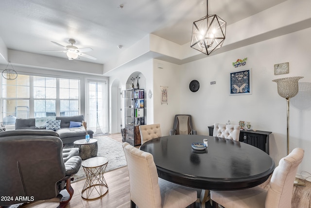 dining area featuring light hardwood / wood-style floors and ceiling fan with notable chandelier