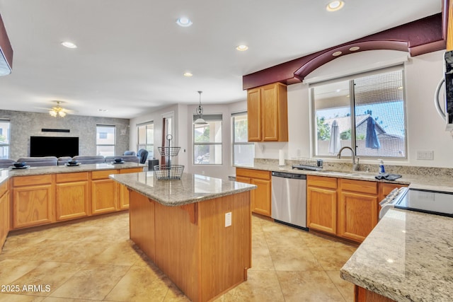 2642 S Joplin, Mesa, AZ 85209 - kitchen featuring stainless steel dishwasher, plenty of natural light, light stone countertops, open floor plan, and recessed lighting