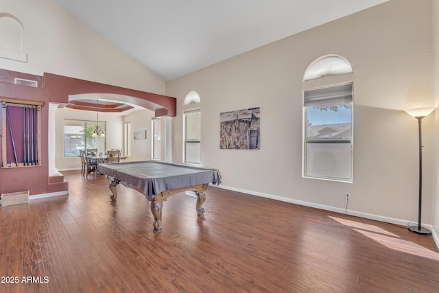 2642 S Joplin, Mesa, AZ 85209 - recreation room with wood finished floors, pool table, arched walkways, and high vaulted ceiling