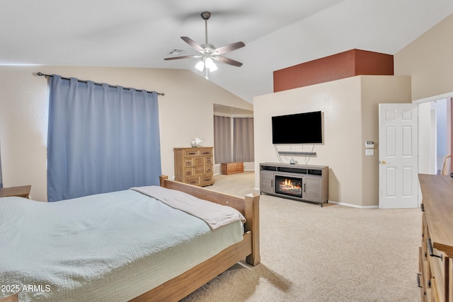 2642 S Joplin, Mesa, AZ 85209 - bedroom featuring lofted ceiling, carpet, a lit fireplace, and ceiling fan