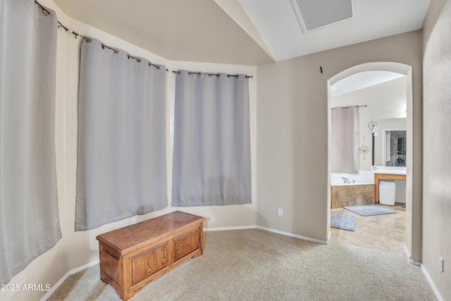 2642 S Joplin, Mesa, AZ 85209 - unfurnished room with vaulted ceiling, arched walkways, and carpet floors