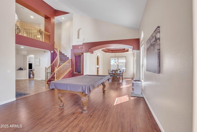 2642 S Joplin, Mesa, AZ 85209 - playroom featuring arched walkways, high vaulted ceiling, wood finished floors, and billiards table