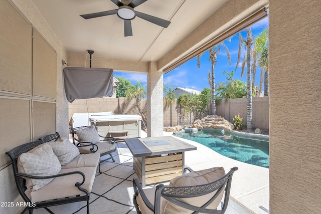2642 S Joplin, Mesa, AZ 85209 - fenced backyard featuring a hot tub, a patio area, and a ceiling fan