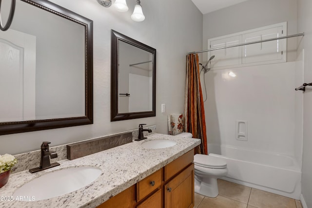 full bathroom with vanity, tile patterned flooring, toilet, and shower / bathtub combination with curtain