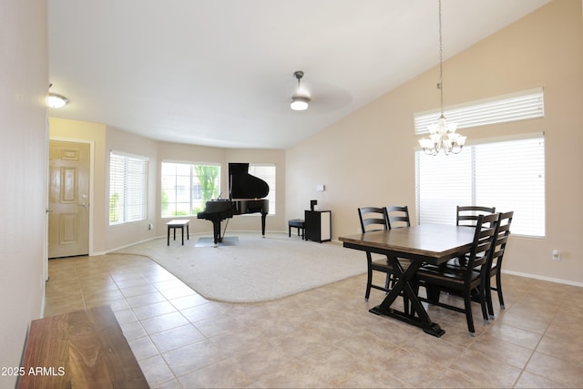 5451 W Folley St, Chandler, AZ 85226 - dining space with light tile patterned flooring, lofted ceiling, a chandelier, baseboards, and ceiling fan