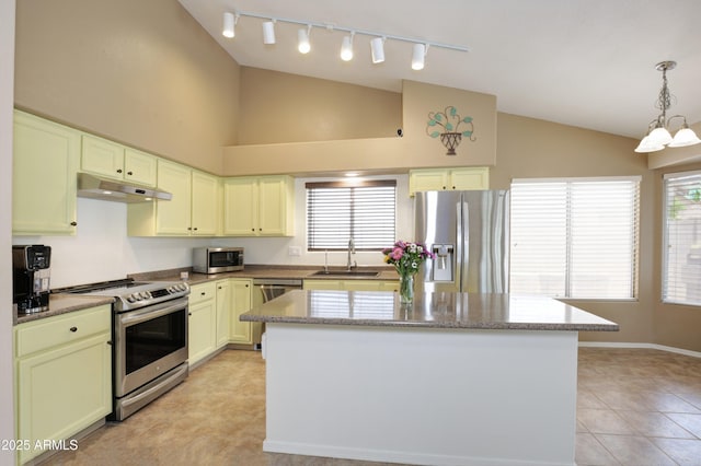 5451 W Folley St, Chandler, AZ 85226 - kitchen with stainless steel appliances, track lighting, under cabinet range hood, a sink, and a center island