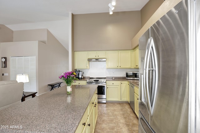 5451 W Folley St, Chandler, AZ 85226 - kitchen featuring appliances with stainless steel finishes, under cabinet range hood, cream cabinets, track lighting, and dark countertops