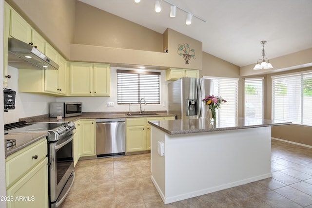 5451 W Folley St, Chandler, AZ 85226 - kitchen with appliances with stainless steel finishes, a sink, under cabinet range hood, lofted ceiling, and a kitchen island