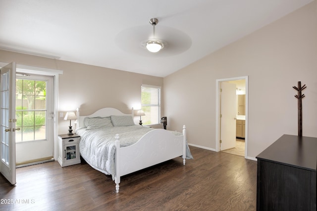 5451 W Folley St, Chandler, AZ 85226 - bedroom featuring vaulted ceiling, multiple windows, dark wood-style flooring, access to outside, and baseboards