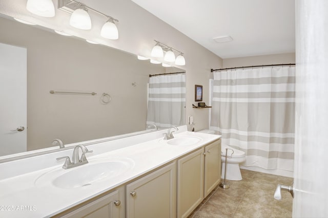 5451 W Folley St, Chandler, AZ 85226 - bathroom with double vanity, toilet, tile patterned flooring, and curtained shower