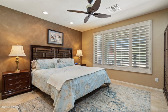 bedroom featuring visible vents, recessed lighting, baseboards, and a ceiling fan